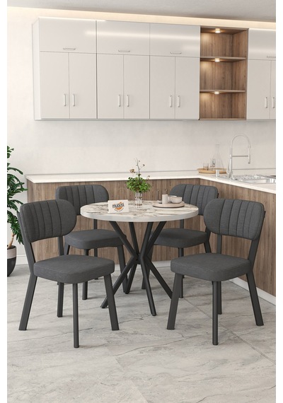 Gnr 90cm Sabit Efes Mutfak Masası Takımı, Yemek Masası, 4 Modern Antrasit Sandalye Antrasit