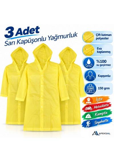 3 Adet Sarı Kapüşonlu Yağmurluk Su Geçirmez İş Kamp Seyahat Motosiklet Acil Durum Şeffaf