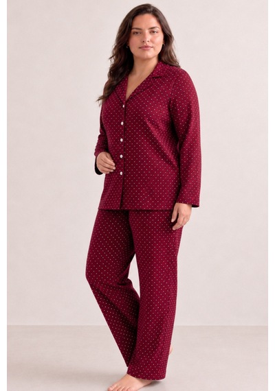 Kadın Rahat Puantiyeli Düğmeli Kırmızı Pijama Takımı 824