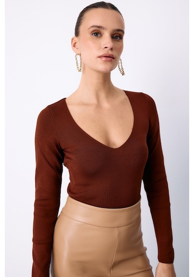 Sateen V Yaka Triko Crop - Kahve-129488
