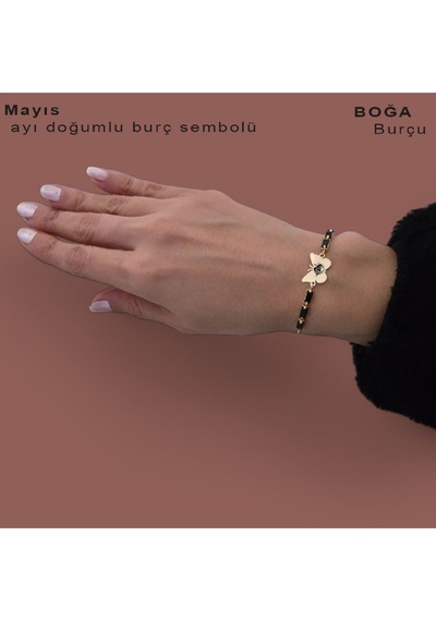 Archin Boğa Burçlarına Kelebek Figürlü Siyah Taş Desenli 14 Ayar Altın Plakalı Hediye Bileklik-343burç Altın Archin Boğa Burçlarına Kelebek Figürlü Siyah Taş Desenli 14 Ayar Altın Plakalı Hediye Bileklik-343burç Altın