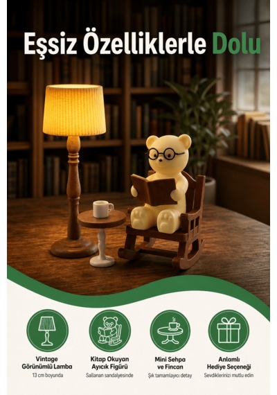 Kitap Okuyan Ayıcık Biblo Lamba Seti - Retro Tasarım Dekoratif Gece Lambası + Mum Hediye 11,5cmx4,2cmx12cm