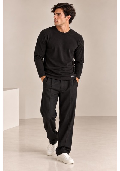 Alexandergardi Bisiklet Yaka İnce Fitilli Basic Sweatshirt Siyah