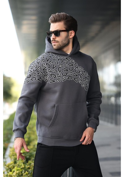 Madmext Füme Baskılı Kapüşonlu Erkek Sweatshirt E7160 Füme