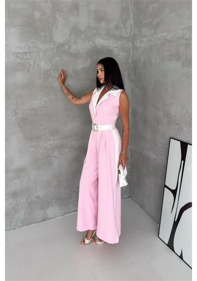 Neşeli Butik Kadın Pembe Çift Renkli Kemerli Şerit Detaylı Tam Boy Kolsuz Tulum Nbk087