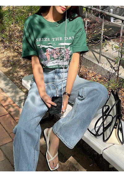 Flood Of Style Kadın Nefti Yeşili Seize The Day Baskılı Oversize T-shirt Yeşil