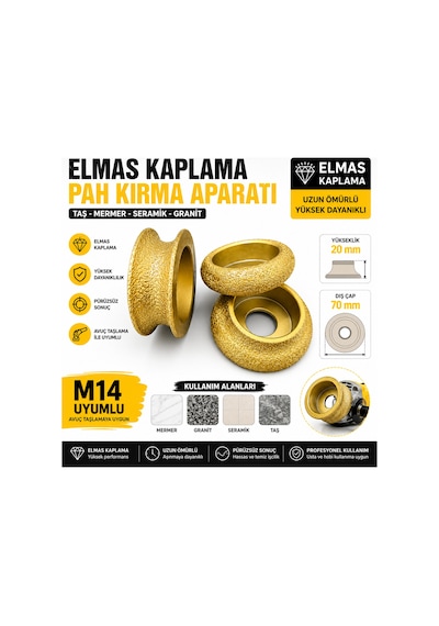 Senbang 3 Lü Elmas Kaplama Pah Kırma Aparatı Seti 70 Mm M14 Uyumlu Düz, Bombeli Ve Konik Model Mermer Granit Seramik Taş Freze Seti