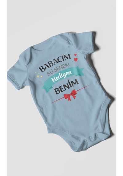 Morivokids Babacım Bu Seneki Hediyen Benim Kısa Kollu Bebek Body %100 Pamuk Bebe Mavisi