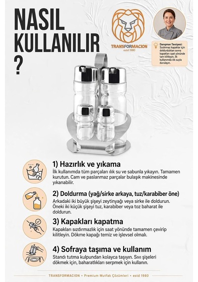 4'lü Paslanmaz Çelik Stantlı İçi Cam Yağlık Sirkelik Tuzluk Biberlik Seti Menaj Takımı 723501 Diğer