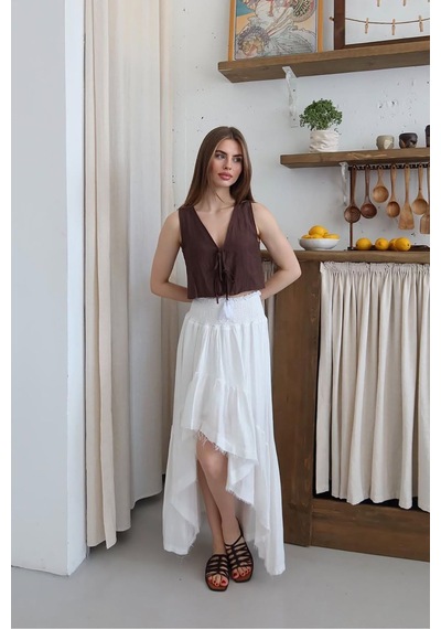 Neşeli Butik Kadın Müslin Kumaş Asimetrik Etek Nbnp011 Beyaz