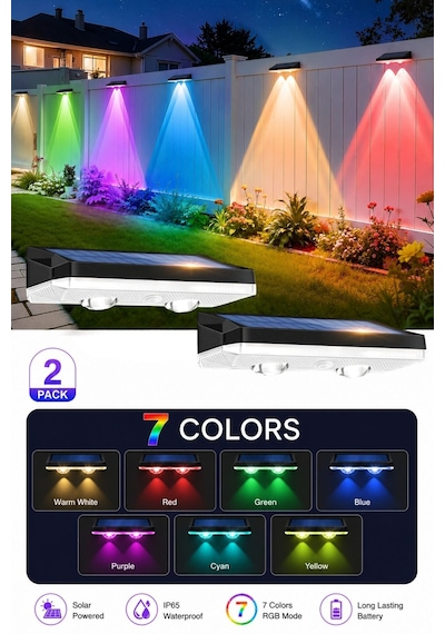 Solar 7 Renkli Rgb Çit Apliği 2 Li Set, Güneş Enerjili Dış Mekan Duvar Lambası, Ip65 Su Geçirmez Bahçe Balkon Teras Aydınlatması