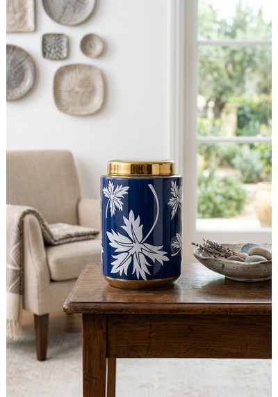 Blue Fall Silindir Vazo 15x15x21 Cm Premium Seramik Dekoratif Kutu Ve Vazo Saks Mavisi & Gold Çok Renkli