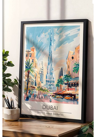 Dubai Temalı Çerçeveli Tablo Travel Serisi Modern İllüstrasyon Bae Şehir Duvar Dekoru Siyah