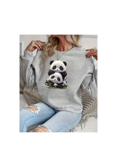 Herkesemoda Pandalar Baskı Detaylı Bisiklet Yaka Sweatshirt Gri
