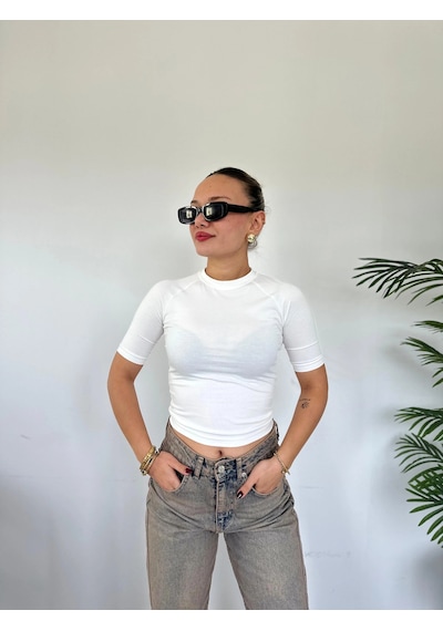 Keymoda Kadın Bisiklet Yaka Kısa Kollu Body Ekru Ekru