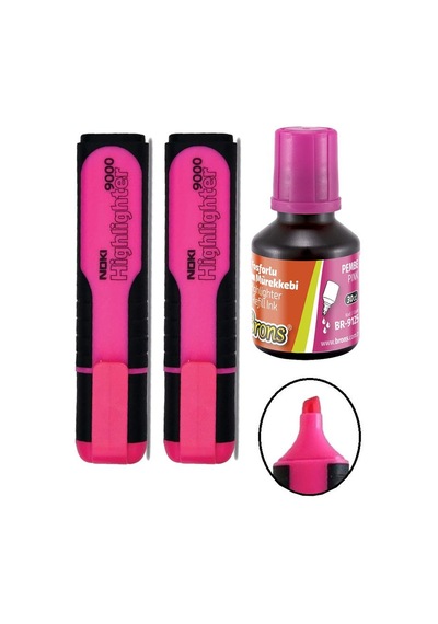 Fosforlu İşaret Kalemi Pembe Doldurulabilir 2 Adet ve Mürekkebi 30ml 1 Adet Fosforlu Neon Kalem Pembe