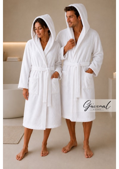 Blanc 2 Adet Kapüşonlu Pamuklu Unisex Bornoz Otel Bornozu Erkek Havlu Bornoz Kadın Havlu Bornoz Sauna Bornoz Sabahlık 2'li Kapüşonlu Beyaz