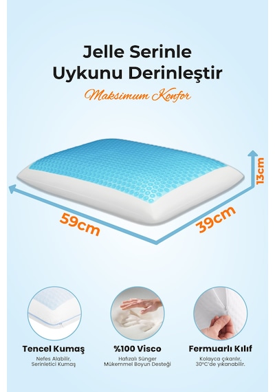 Viscofoam Evva Terletmeyen Ortopedik Yastık Serinleten Visco Yastık Jelli Yastık  59x39x13cm