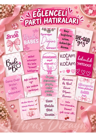 Hiras Dizayn Pembe Bride Motto Kartları 18 Adet Bekarlığa Veda Nedime Fotoğraf Seti