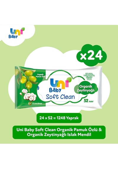 Uni Baby Soft Clean Organik Pamuk Özlü & Organik Zeytinyağlı Islak Mendil 24x52 Adet UNI-9122