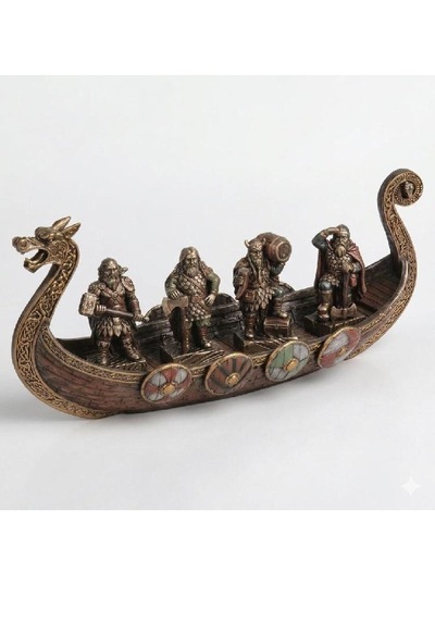 Veronese Viking Kayığı Ve 4 Vikingli Savaşçı Figür 29x12cm