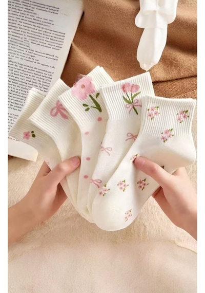 Hitit Socks Kadın 5 Çift Premium Karışık Çiçek Desenli Kısa P... Çok Renkli