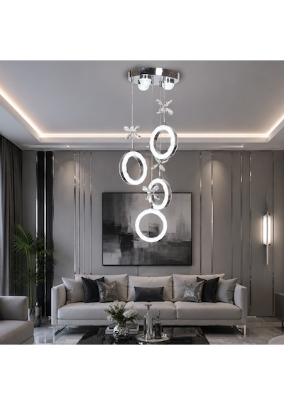 Tt804-3+1-kr Tt Aydınlatma Akrilik Kalın Halka 4 Lü Ledli Krom Kaplama 3 Renk Modüllü Ledli Avize