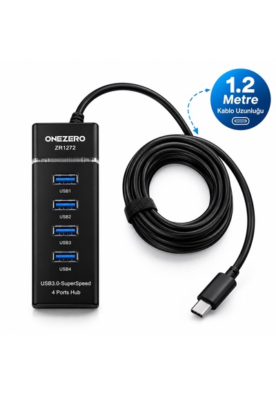 Onezero Zr1272 Type-c Girişli 4 Portlu Usb Hub Çoklayıcı 1x Usb 3.0 + 3x Usb 2.0 1.2 Metre Kablolu Laptop Adaptörü