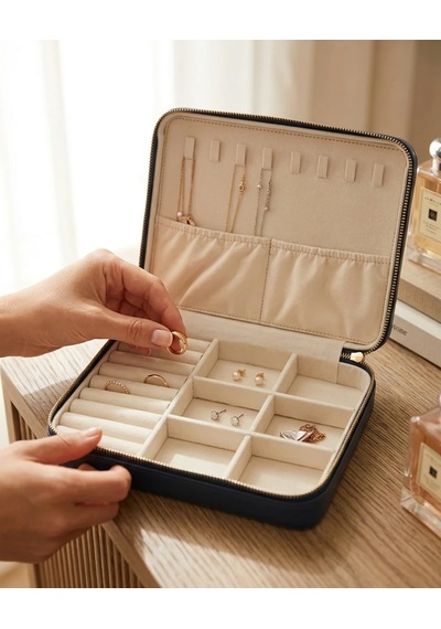 Takı Kutusu Düzenleyici Seyahat Çantası Kolye Yüzük Küpe Organizer Deri Lacivert 22cmx17cm