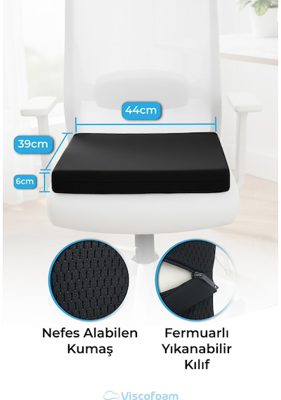 Viscofoam Ortopedik Visco Kare Oturma Minderi Kuyruk Sokumu Destekli Ergonomik Koltuk Minderi - Siyah