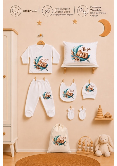 Pia Baby Kız Bebek Hastane Çıkışı 8 Parça %100 Pamuk İsimli Organik Baskılı Kese Hediye Zıbın Seti 1012zybk3x Krem