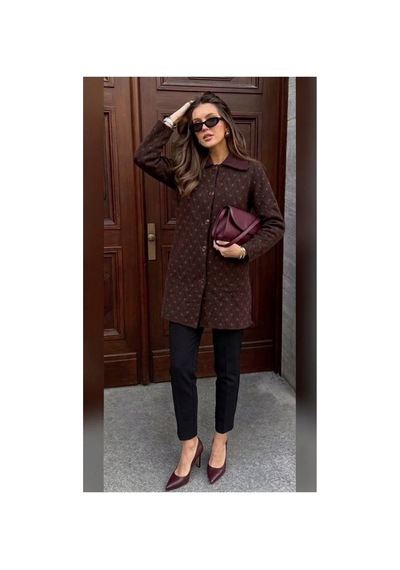 Onno Style Women Desenli Çelik Örgü Uzun Triko Kadın Kaban Bordo