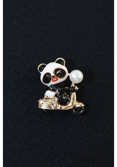 Bir Tutam Neşe Motorlu Yavru Panda Broş Taşlı İncili Gold Siyah Beyaz Pandalı Kadın Yaka İğnesi Siyah - Beyaz