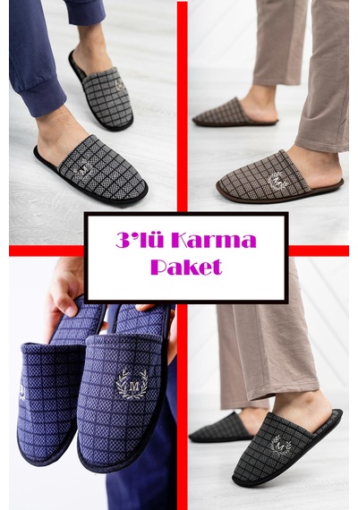 Stwenn 3 Lü Avantajlı Paket Kışlık Peluş Desenli Sessiz Ortopedik Taban Çeyiz Misafir Ev Terliği Set 3' Lü Erkek Çanak