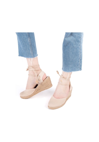 Star Tombis Gerçek Elişi Topuğu Açık Bilekten Bağlamalı Dolgu Topuk Keten Hasır Espadril Handmade Açık Bej