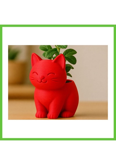 Bezos 3d Baskı Sevimli Kedi Saksı - Figürlü Sukulent Saksısı-kırmızı Dmc