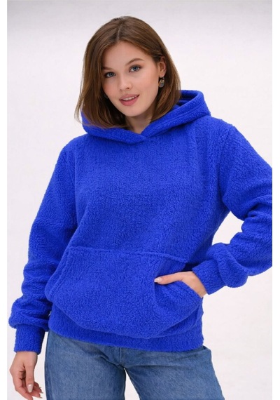 Mamayaga Kadın Peluş Kumoş Kanguru Cepli Kapüşonlu Rahat Kalıp Standart Sweatshirt Mavi