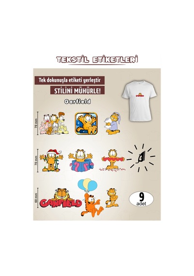 Ütü İle Yapışan Kıyafet Etiketi Garfield 9lu Set Karışık
