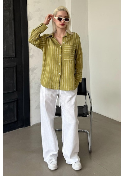 Madmext Haki Çizgili Cepli Kadın Gömlek Mg2345 Haki