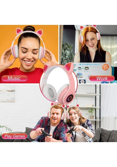 Çocuk Kulaklık, Kız Çocukları Bluetooth Kulak Üstü Sevimli Kedi Kulaklı Çocuk Kulaklığı Led Işıklı, Katlanabilir Kablosuz Çocuk Kulaklık Erkek Yetişkinler İçin Okul/tablet/pc/telefon