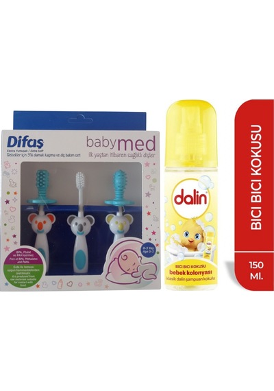 Difaş Bebekler İçin 3'Lü Damak Kaşıma ve Diş Bakım Seti Mavi + Dalin Bebek Kolonyası Bıcı Bıcı Kokulu 150 ml