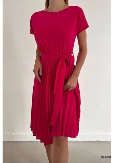 DefyModa Kadın Şık Detay Krep Kumaş Bisiklet Yaka Kuşaklı Kısa Kollu Elbise Fuşya