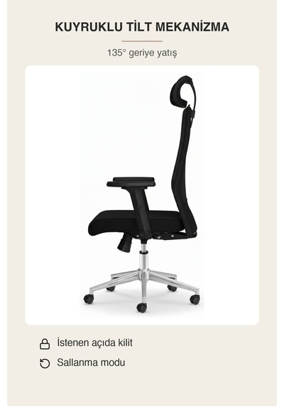 Upstyle Yamaç Başlıklı Ergonomik Çalışma Ve Yönetici Koltuğu Siyah 66 125 65 Cm