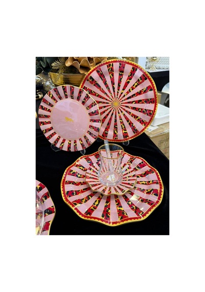 34 Parça 6 Kişilik Yaldız Detaylı Cam Çay Pasta İkram Sunum Takımı Mayonpink Pembe