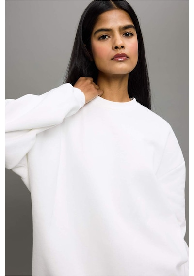 Defacto Oversize Geniş Kalıp Bisiklet Yaka Basic Düz Kalın Sweatshirt F9628ax25auer105 Ekru