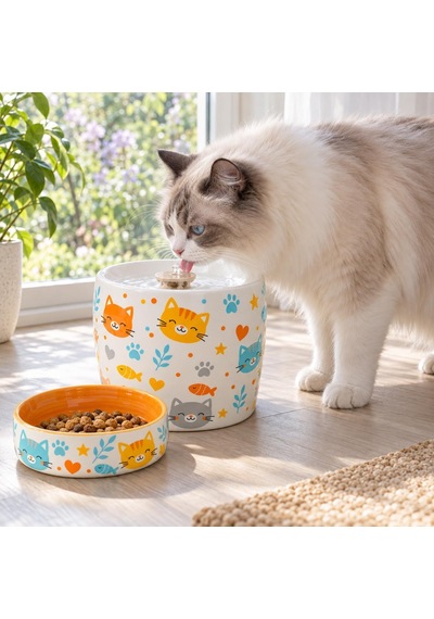 Kedi Porselen Su Pınarı Ve Mama Kabı 2'li Set Otomatik Filtreli Pompalı Seramik Su Sebili, 1.3 L, 600 Ml Kase, Led Işıklı, Sari-kedi