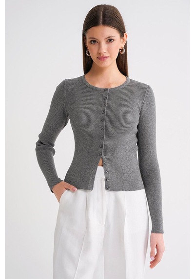 Hiccup Mixray Düğmeli Slim Fit Yivli Örgü Hırka Gri
