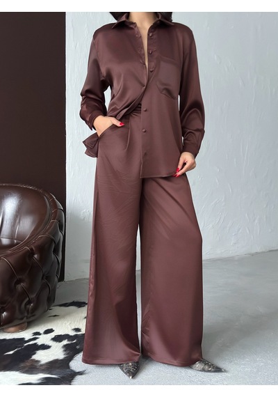 Verymoda Yüksek Bel Bol Paça Saten Pantolon Şık Ve Rahat Tasarım F2052 Kahve