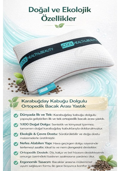 İcool Head Ortopedik Bacak Arası Ve Diz Arası Yastık Doğal Karabuğday Kabuğu Dolgulu, Nefes Alan Oeko Tex Sert Genel