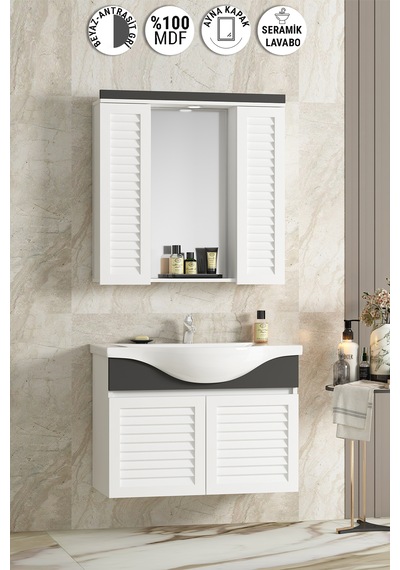 Lilyum 80 Cm Beyaz-antrasit Gri Mdf Panjurlu Banyo Dolabı Takımı Beyaz - Antrasit